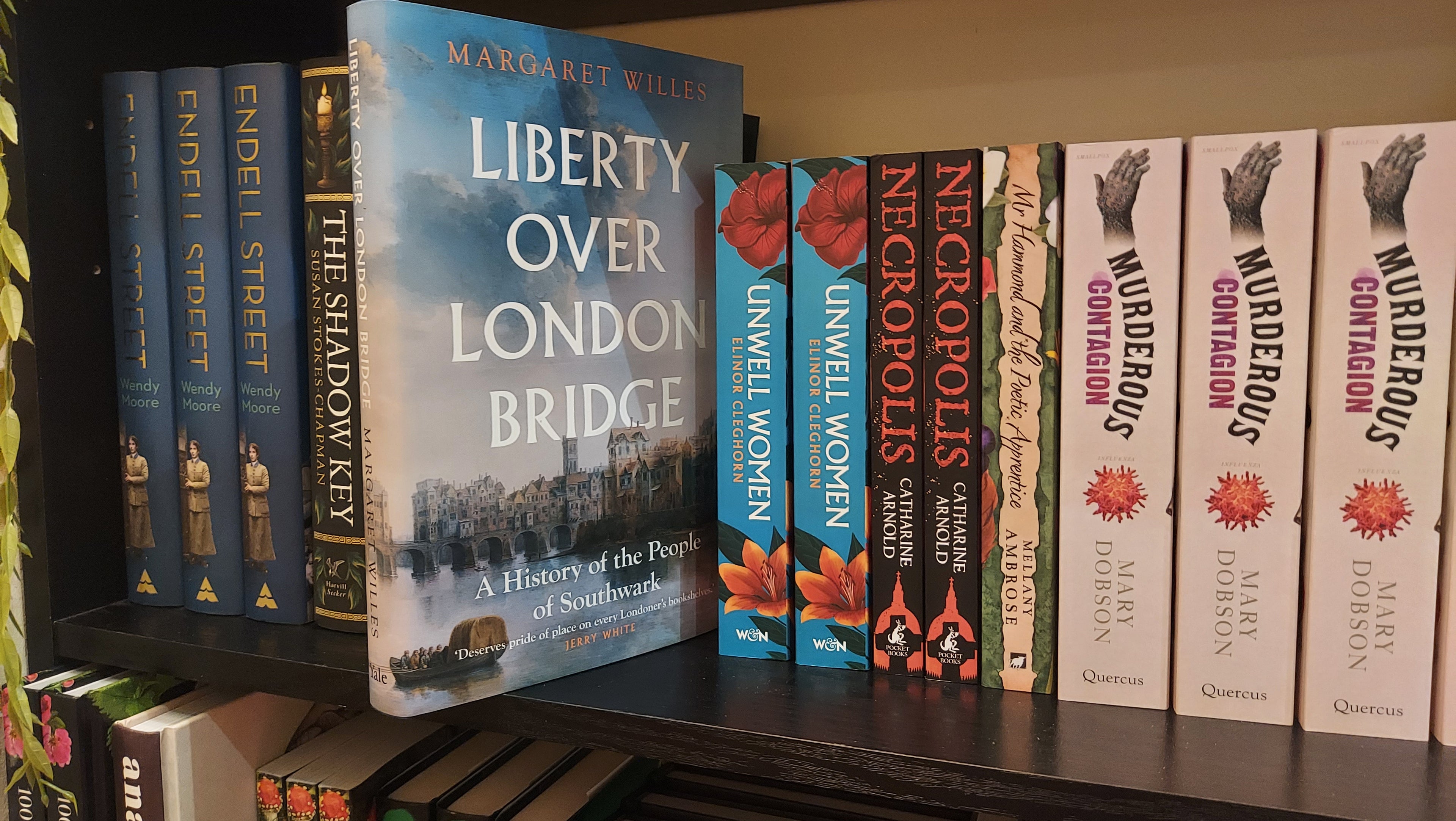 A row of books on a shelf, with Liberty over London Bridge pulled out to reveal its cover