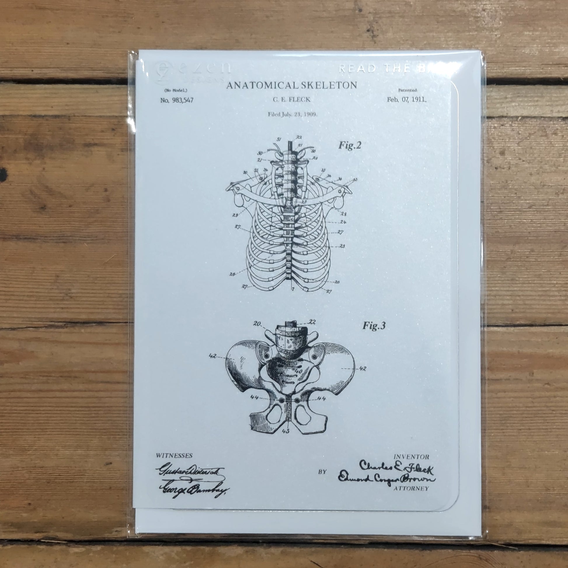 A white card with two numbered anatomical illustrations, one of the spine, ribs, collar bone and shoulder blades, and one of the pelvic bones