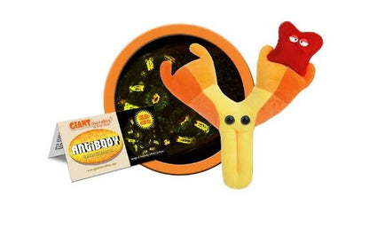 A yellow, orange and red plush in the shape of an antibody with its label