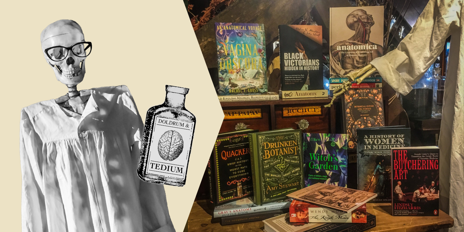 Left: a cut-out skeleton wearing glasses and a gown next to an illustrated bottle labelled Doldrum & Tedium. Right: a colour photo of a selection of books displayed upright and in piles, with a skeleton's hand resting on a book on the right