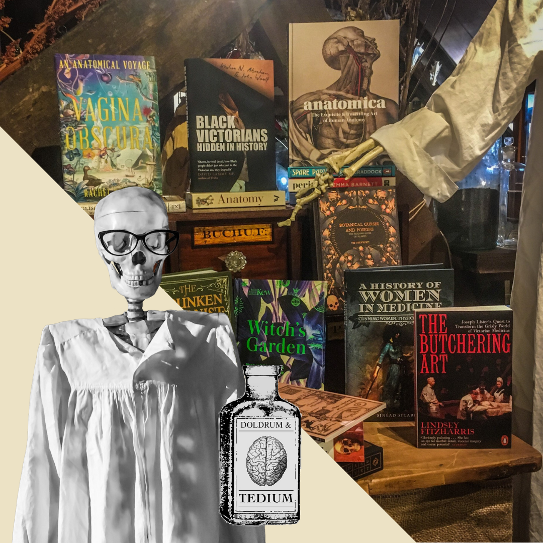 Bottom left corner: a cut-out skeleton wearing glasses and a gown next to an illustrated bottle labelled Doldrum & Tedium. Right: a colour photo of a selection of books displayed upright and in piles, with a skeleton's hand resting on a book on the right