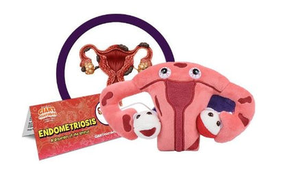Plush uterus with endometriosis lesions, next to its label