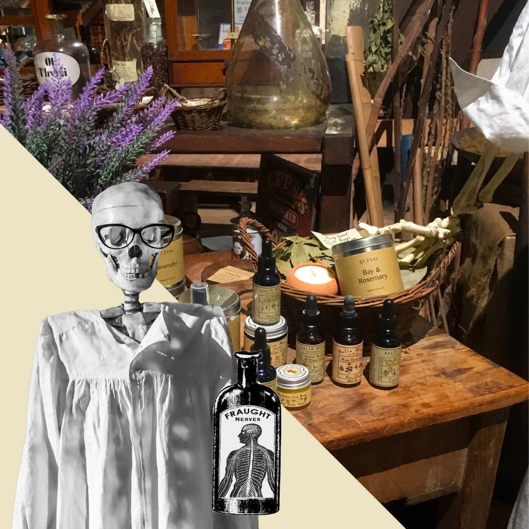 Bottom left corner: a cut-out black-and-white photo of a skeleton wearing glasses and a gown, next to an illustrated bottle labelled Fraught Nerves. Right: a colour photo of products including candles, botanical skin oils, and lip balms, on a wooden table, surrounded by herbs in pots and baskets in the museum