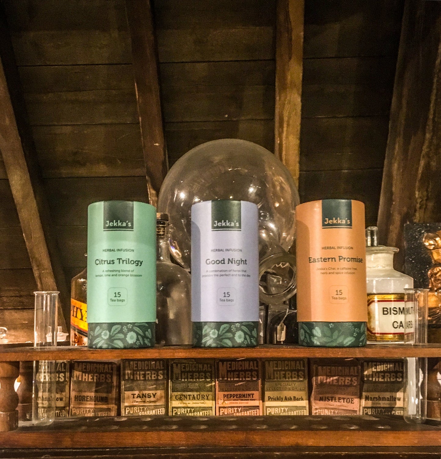 Three packs of herbal infusions displayed in the museum: Citrus Trilogy, Good Night and Eastern Promise