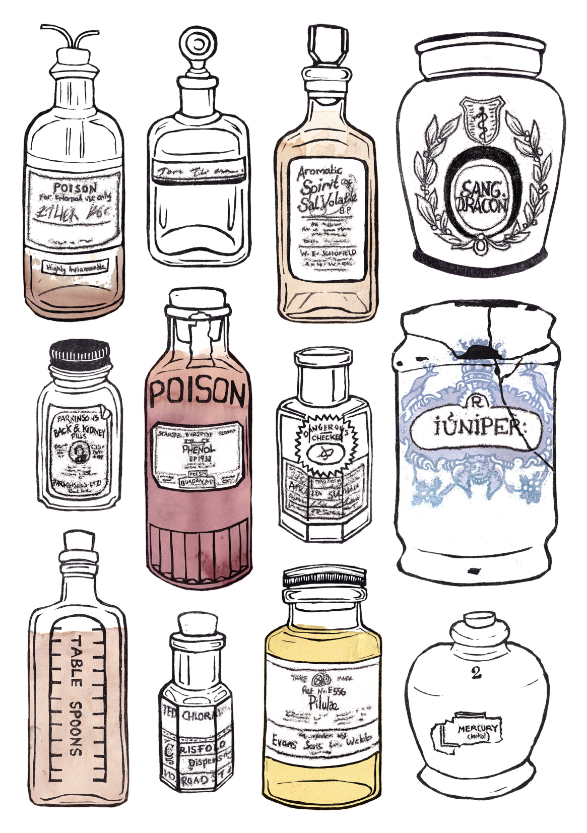 A selection of lino printed apothecary bottles, some partially filled with light coloured liquids, on a white background.