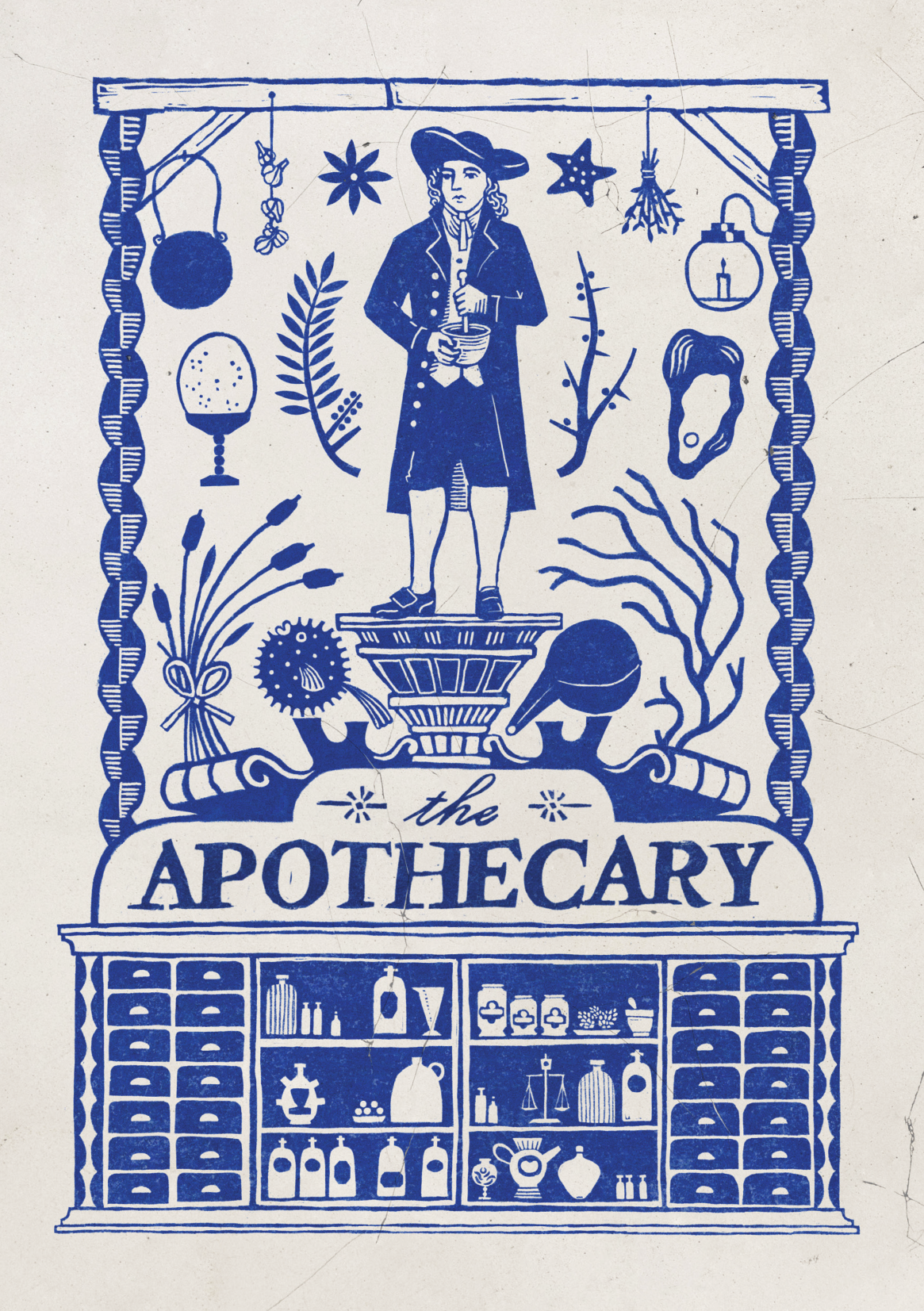 A blue and white design with an apothecary standing centrally holding a pestle and mortar, surrounded by objects from the museum; across the bottom of the page are drawers and shelves of apothecary bottles and jars