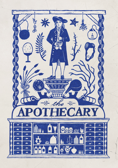 A blue and white design, with an apothecary in the centre, surrounded by plants and objects from the museum; across the bottom of the design are drawers and shelves with apothecary bottles and jars and scales