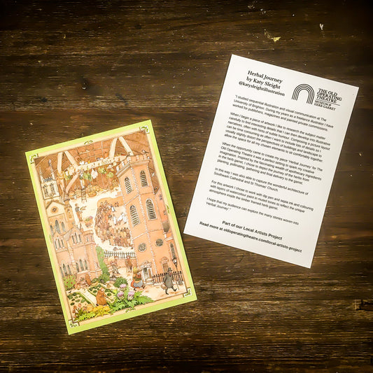 Two cards on a wooden surface, one showing the design with the museum's building, interior and surroundings, and the other showing the side with text