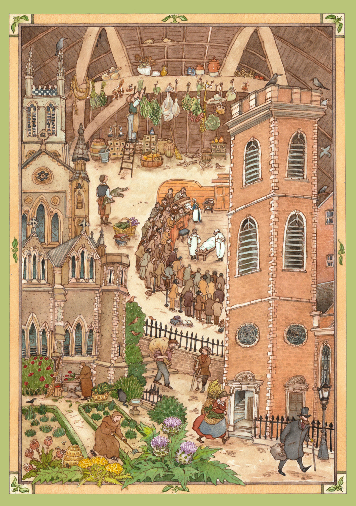 On the left is a cathedral and on the right is the museum's bell tower entrance; in the foreground is a herb garden; in the centre is the old operating theatre with crowd watching surgery; and at the top is the herb garret with bunches of herbs drying from the rafters