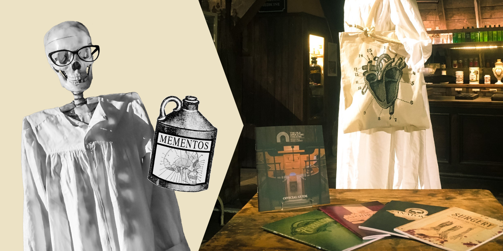 Left: a cut-out black-and-white photo of a skeleton wearing glasses and a gown, next to an illustrated bottle labelled Mementos. Right: a colour photo of notebooks on a wooden table, in front of the skeleton modelling a heart tote bag in the museum