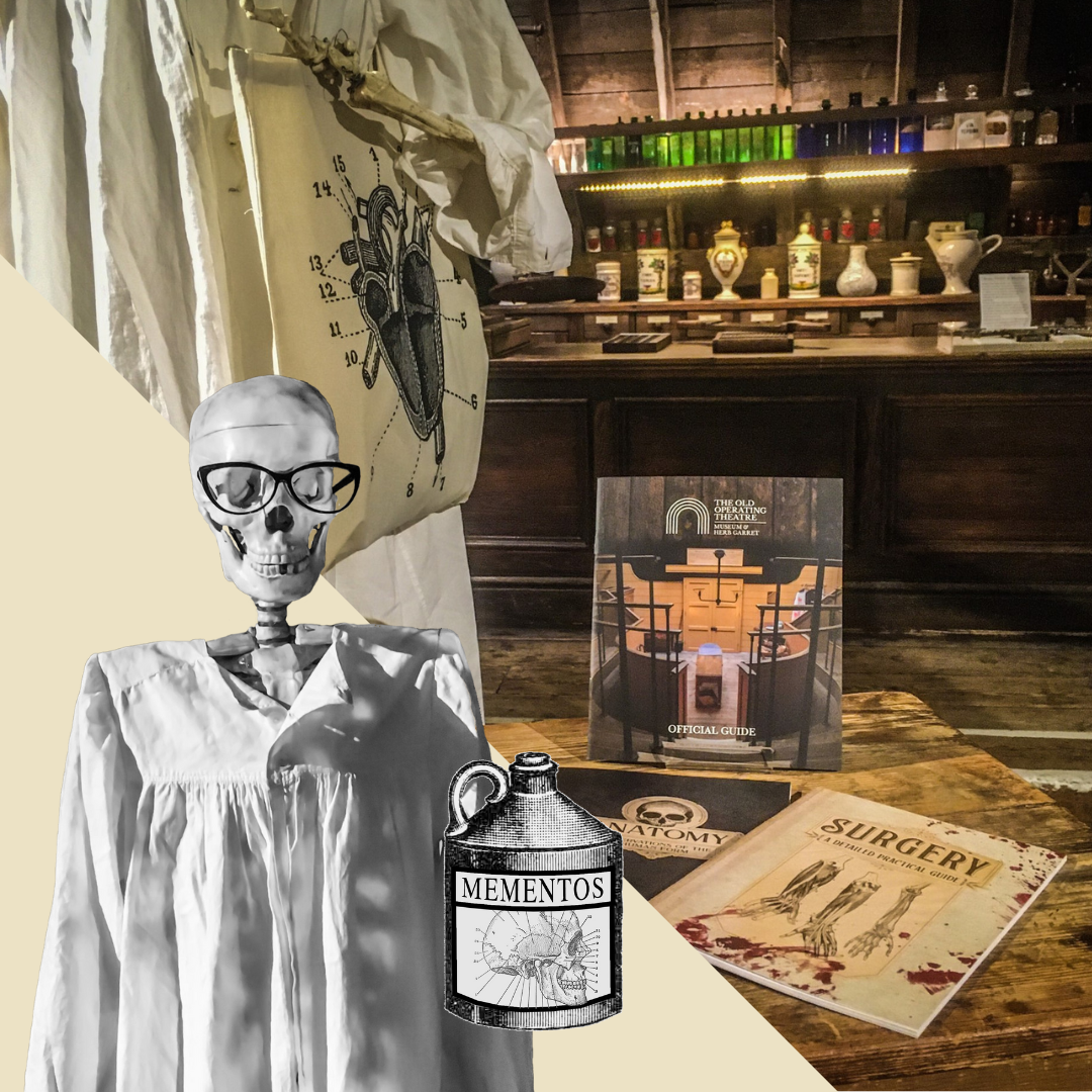 Bottom left corner: a cut-out black-and-white photo of a skeleton wearing glasses and a gown, next to an illustrated bottle labelled Mementos. Right: a colour photo of notebooks on a wooden table, in front of the skeleton modelling a heart tote bag in the museum