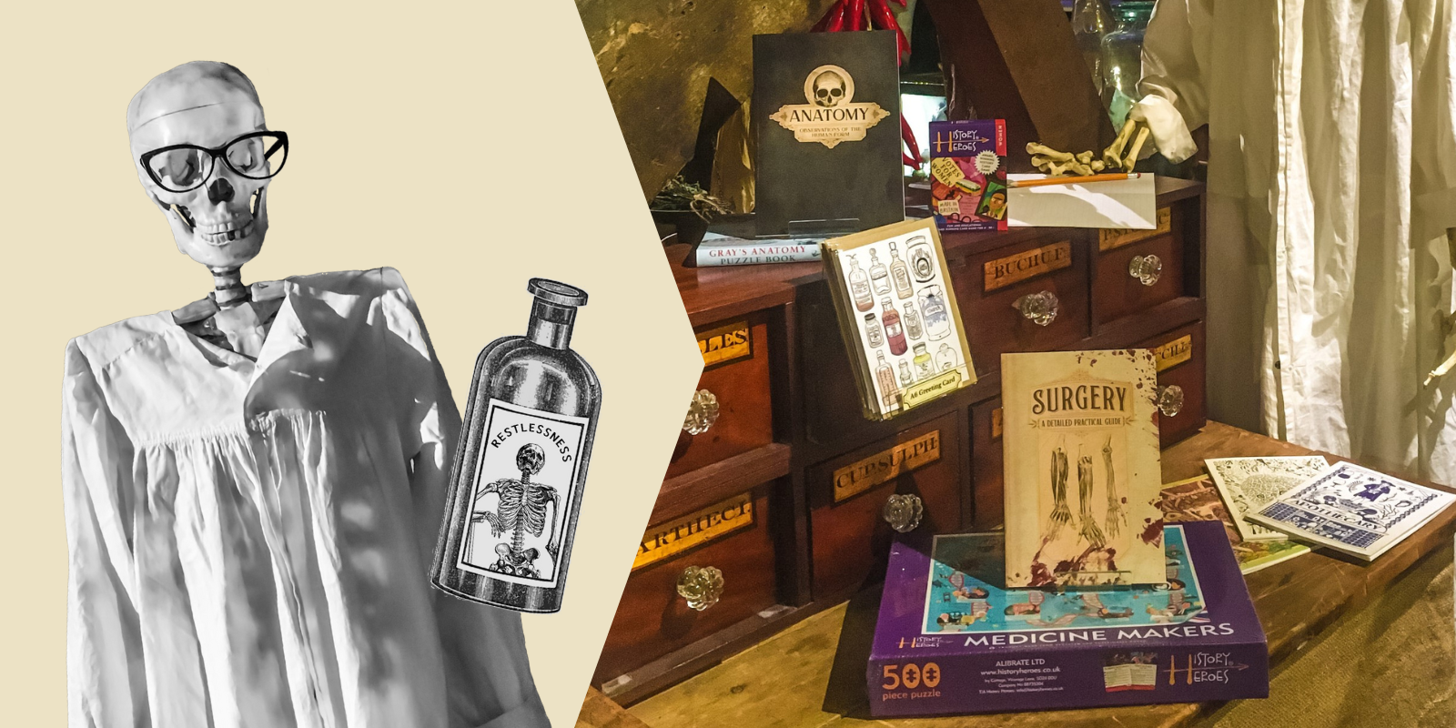 Left: a cut-out black-and-white photo of a skeleton wearing glasses and gown next to an illustrated bottle labelled Restlessness. Right: a colour photo of a selection of products including notebooks, greetings cards and puzzles