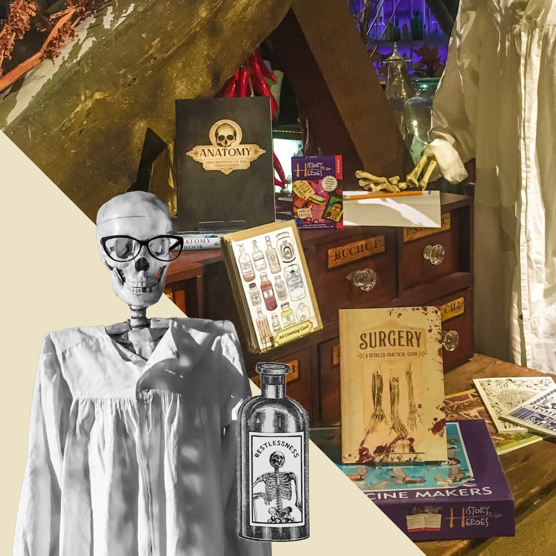 Bottom left corner: a cut-out black-and-white photo of a skeleton wearing glasses and gown next to an illustrated bottle labelled Restlessness. Right: a colour photo of a selection of products including notebooks, greetings cards and puzzles