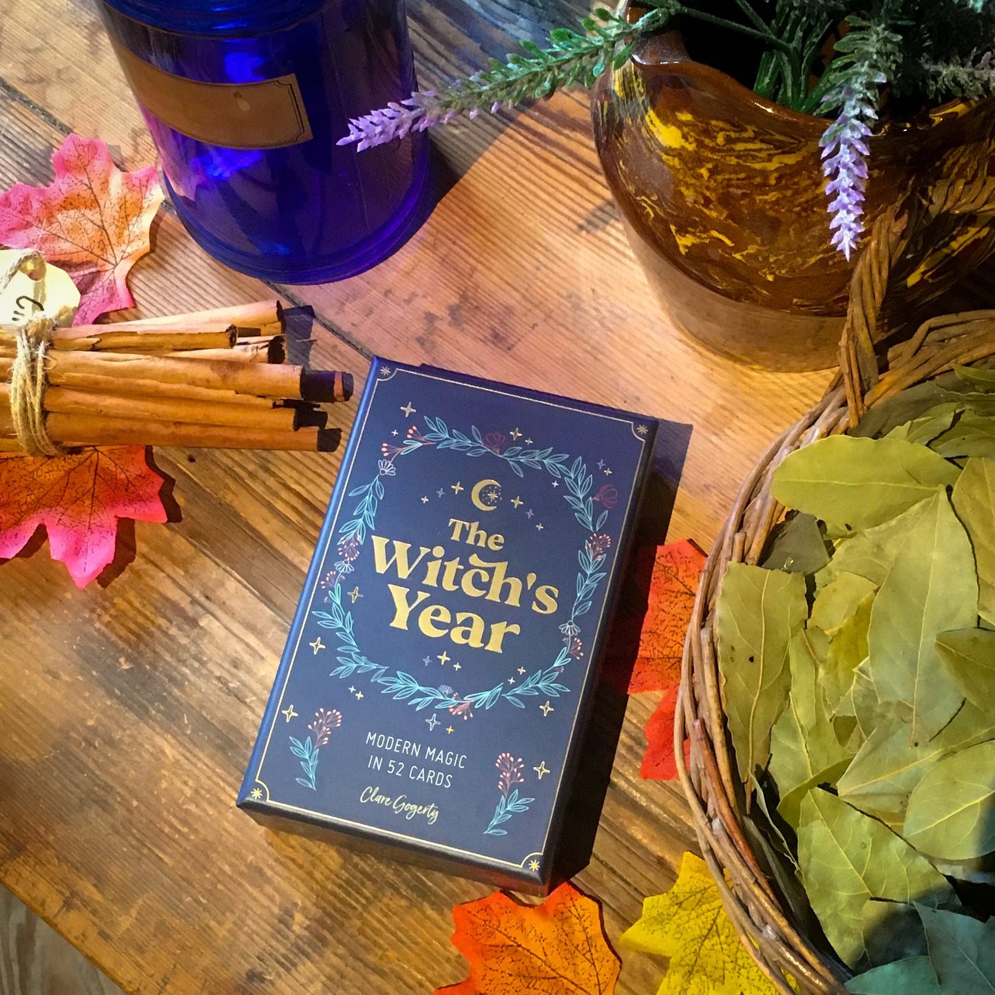 The Witch's Year box in the museum on a wood table, next to orange leaves, green bay leaves, cinnamon sticks, and a blue apothecary bottle.