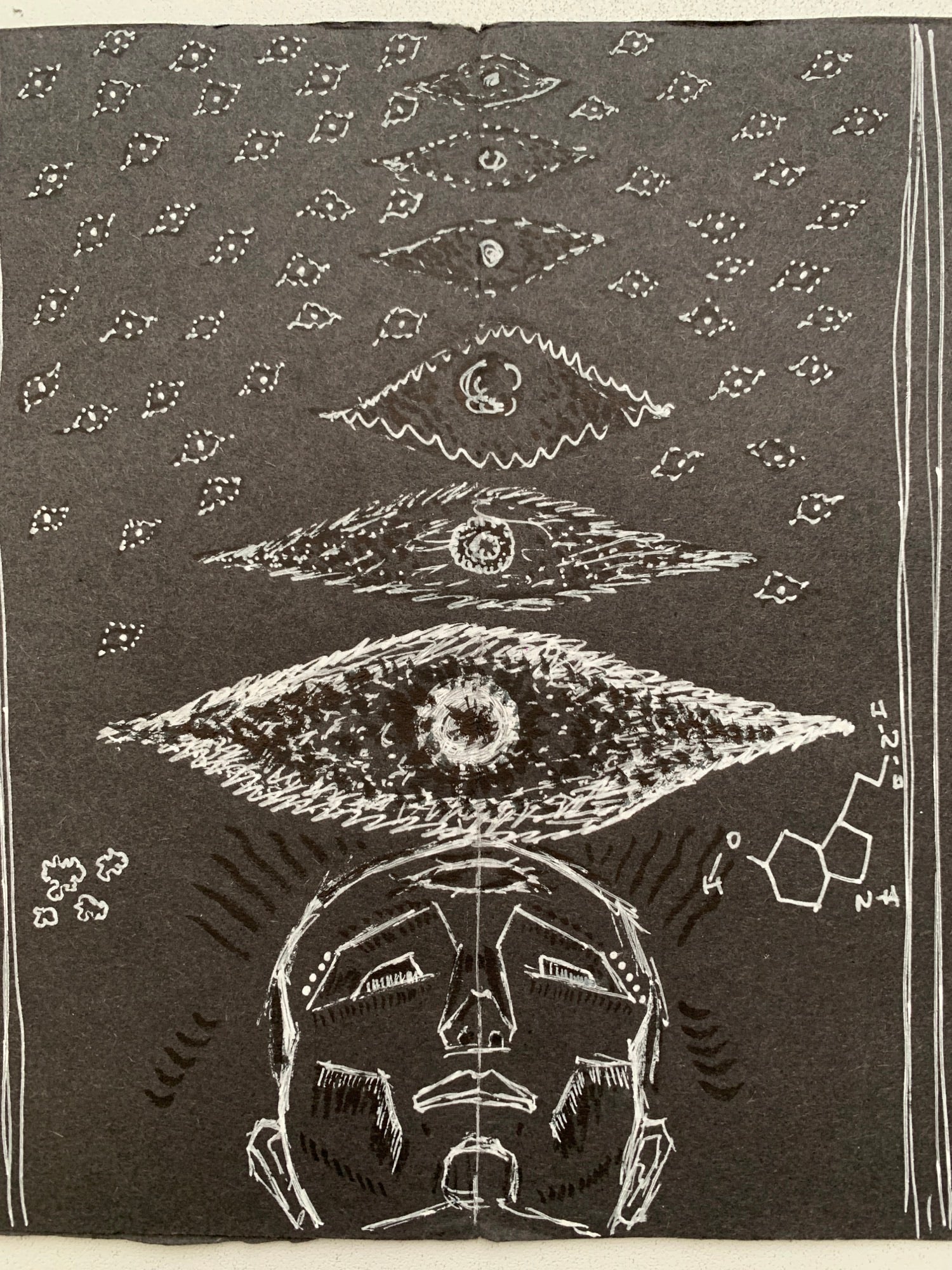 Drawing of a head in the bottom centre, with eyes up the centre of the page from large to small, and other small eyes floating around on the left and right