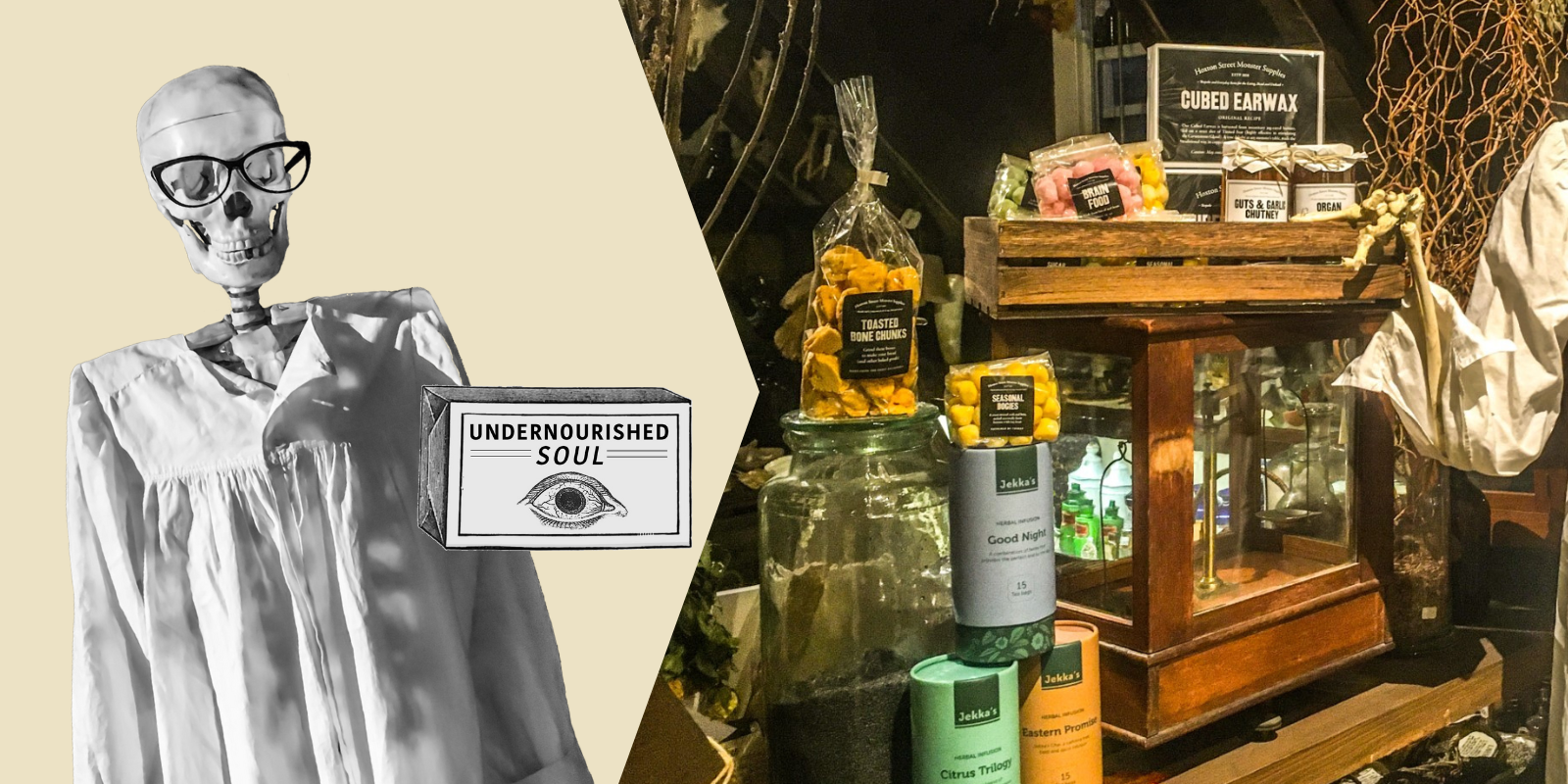 Left: a cut-out black-and-white photo of a skeleton wearing glasses and a gown, next to an illustrated box labelled Undernourished Soul. Right: a colour photo of tea, sweets and jam products displayed around museum objects