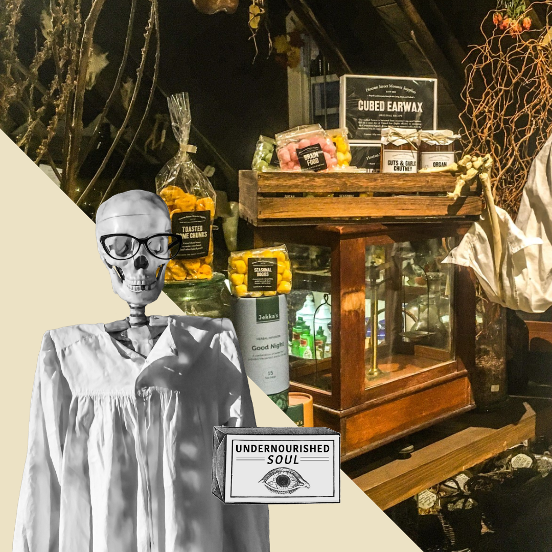 Bottom left corner: a cut-out black-and-white photo of a skeleton wearing glasses and a gown, next to an illustrated box labelled Undernourished Soul. Right: a colour photo of tea, sweets and jam products displayed around museum objects