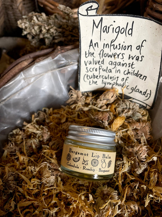 A pot of bergamot lip balm in a basket of dried marigold flowers