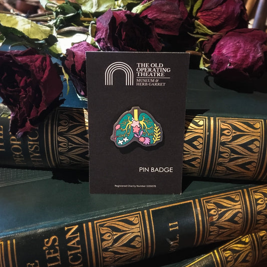 A small pin badge with green and yellow lungs decorated with small pink, white and yellow flowers and leaves, on card backing and placed on a set of hardback books with dried roses on top