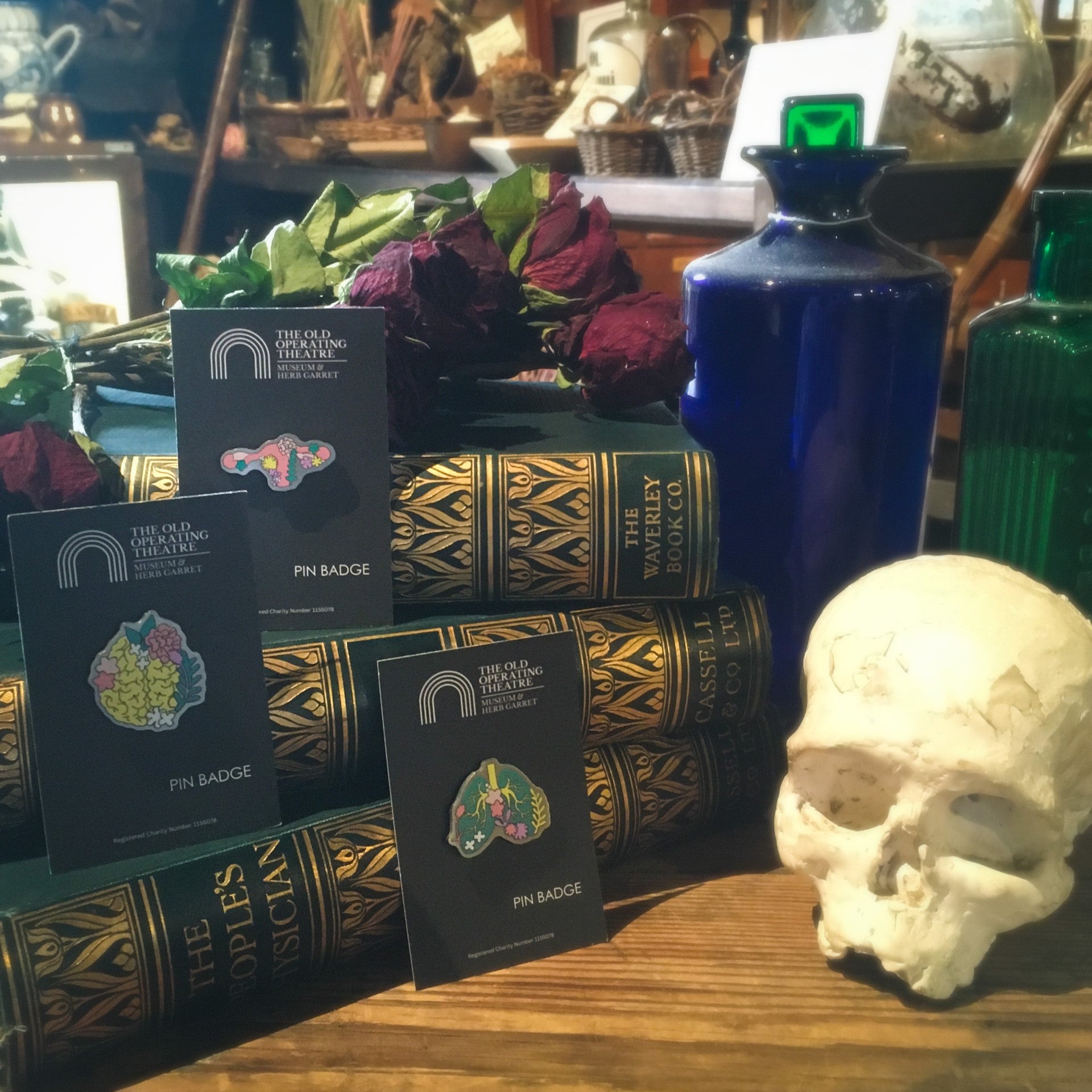 Uterus, lung and brain pin badges displayed on a set of hardback books on top of which are dried roses, next to a small skull and blue and green glass bottles