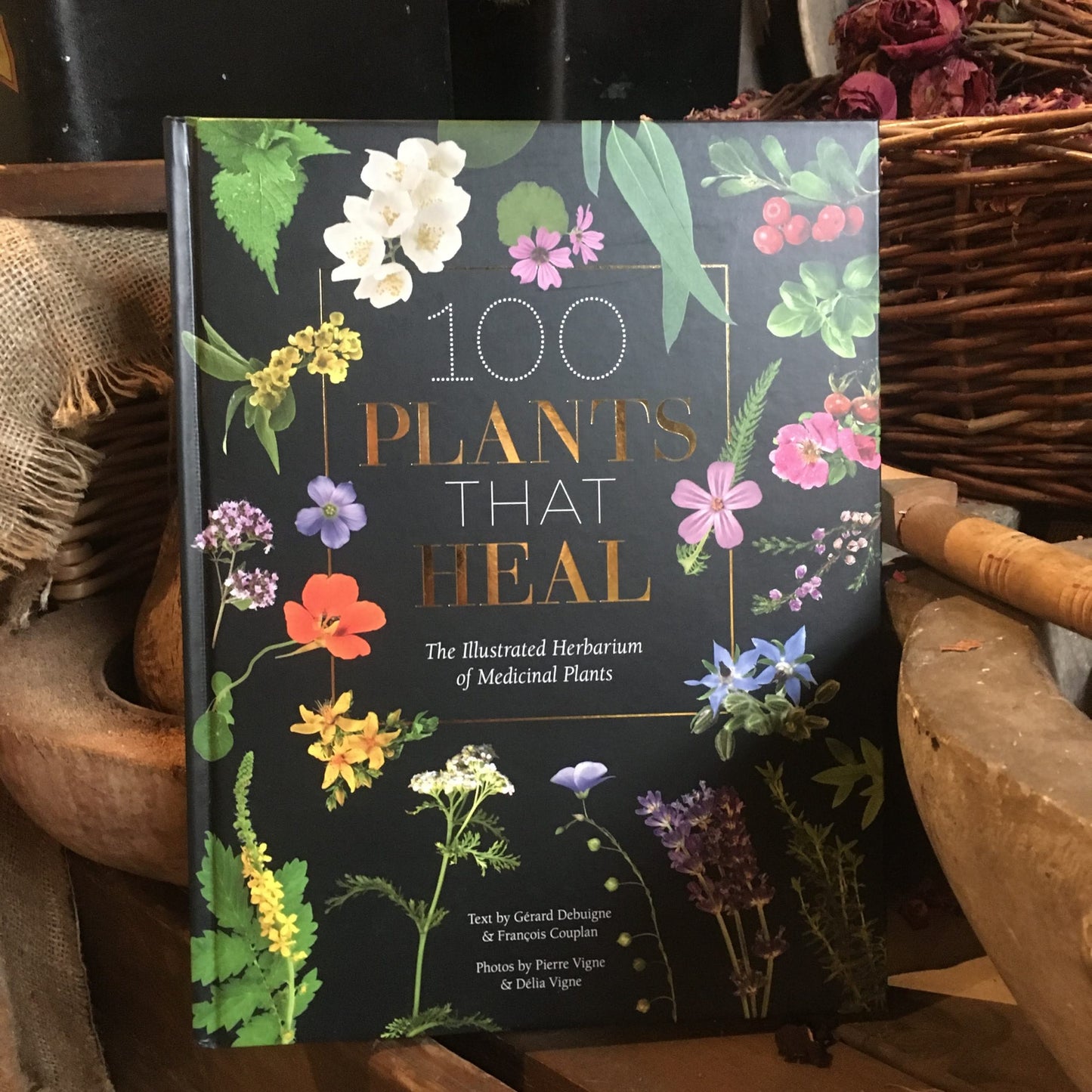 Hardcover book 100 Plants That Heal displayed in the herb garret