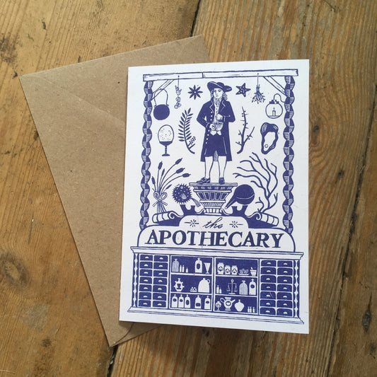 A6 greeting card with blue and white apothecary design and brown envelope.