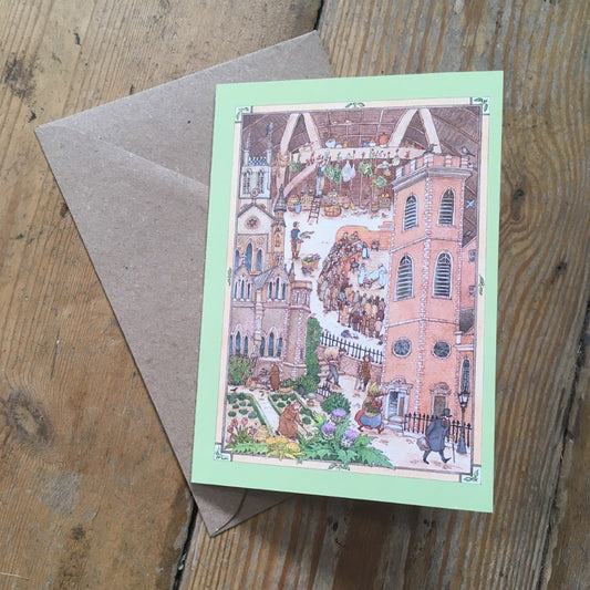 A6 greeting card with an illustration of the Old Operating Theatre Museum and brown envelope.