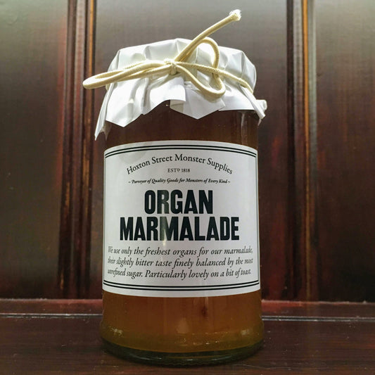 Glass jar labelled Organ Marmalade