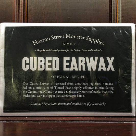 Cardboard box labelled Cubed Earwax