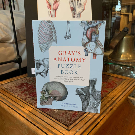 The puzzle book displayed in the museum in front of anatomical drawings