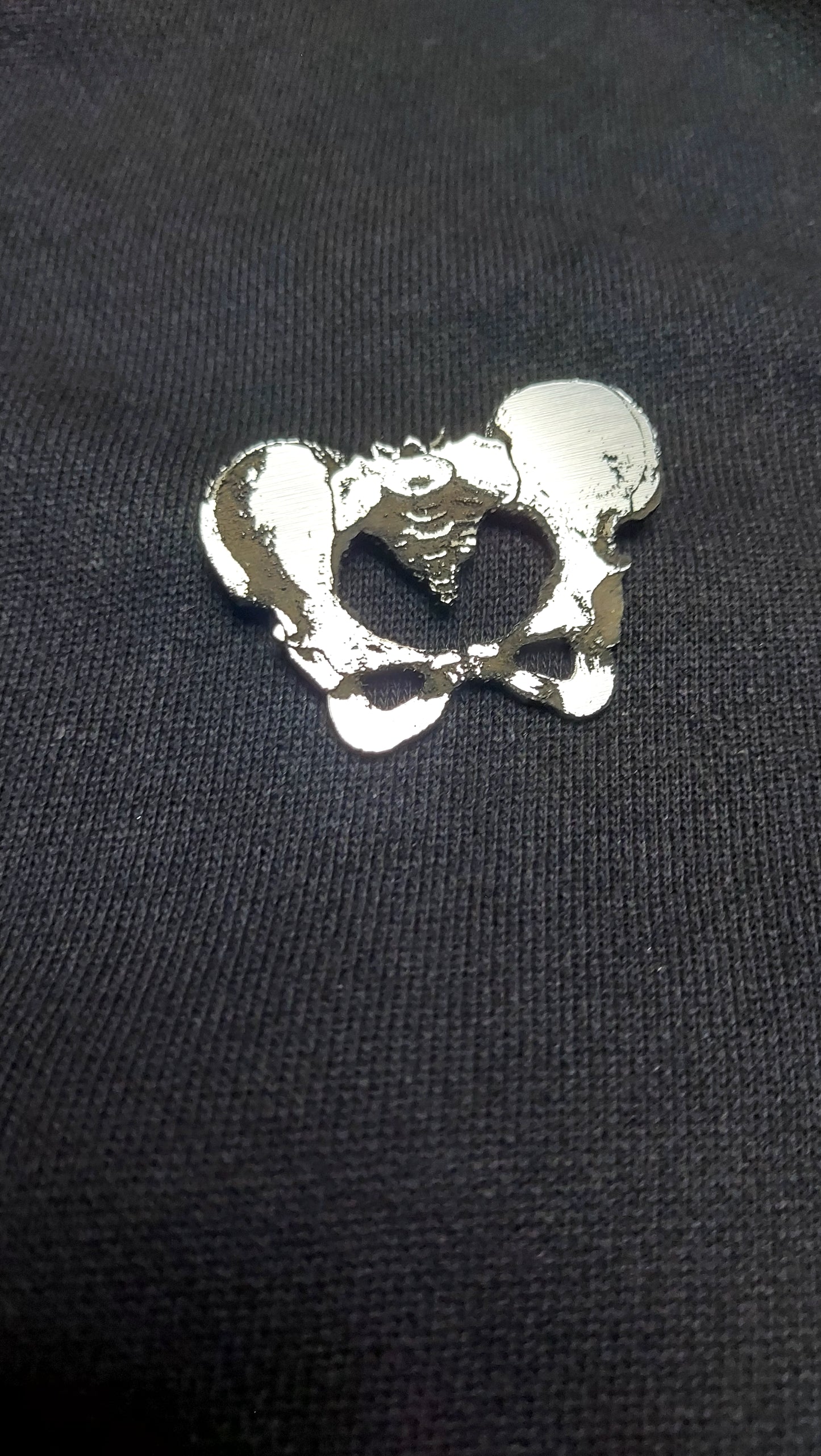 A silver pelvis brooch on black fabric