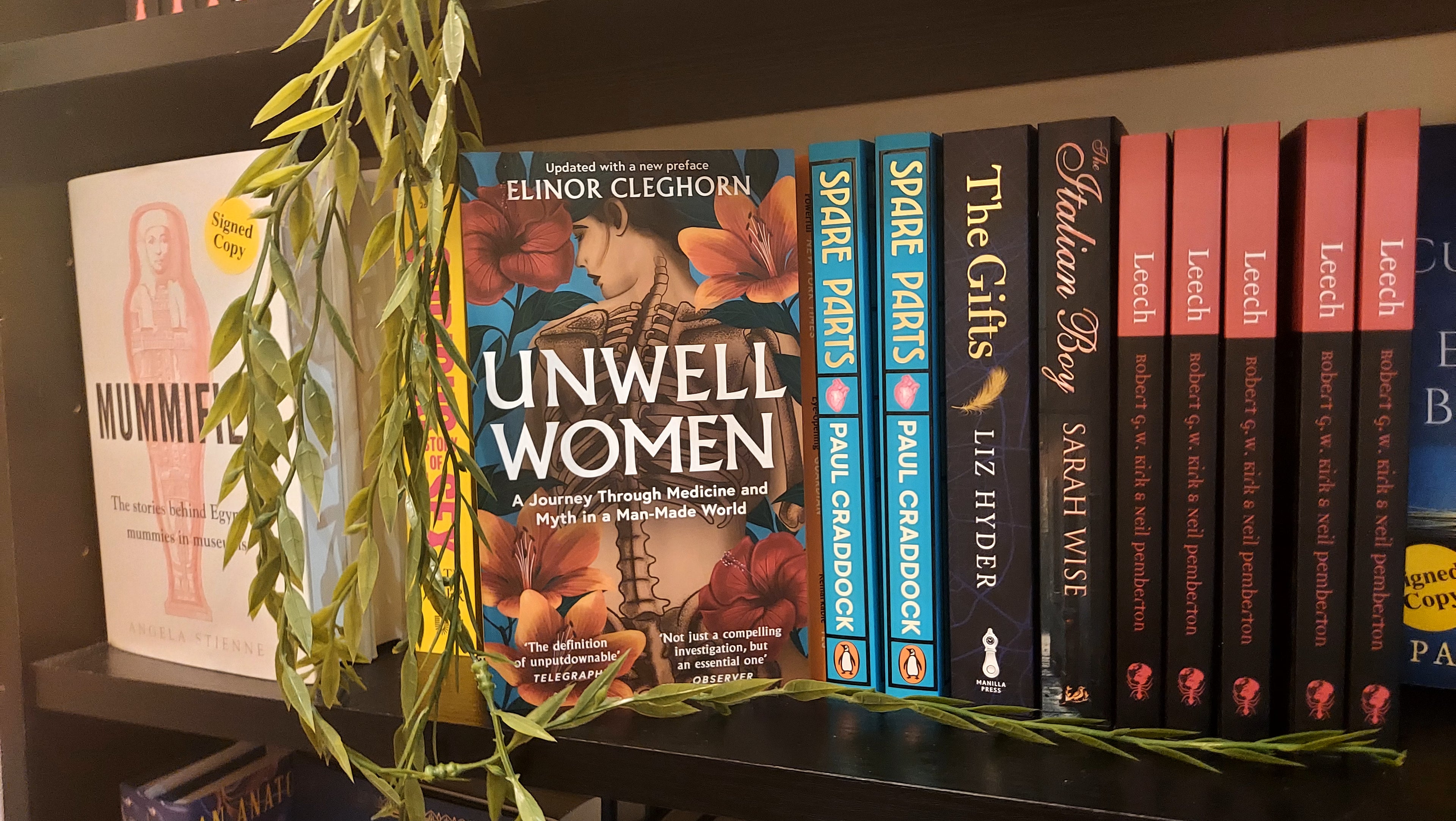 A shelf of books with Unwell Women pulled out so that the cover can be seen