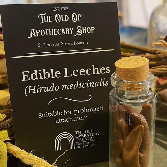 Bottle of Edible Leeches with a label from The Old Apothecary Shop