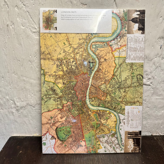 Colorful map print of Victorian London on a textured wall background