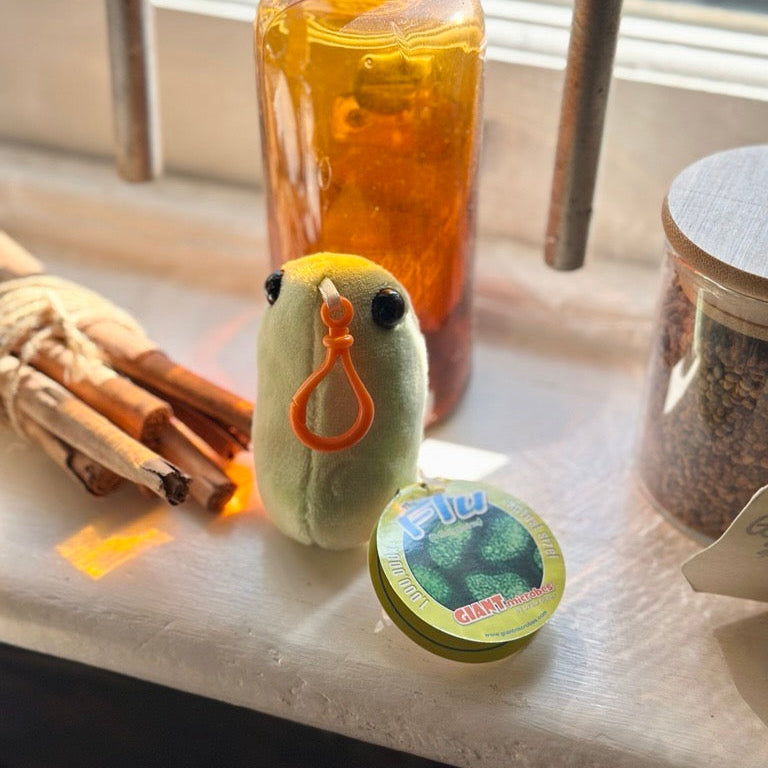 Small plush toy with a tag on a windowsill next to a bottle and jar