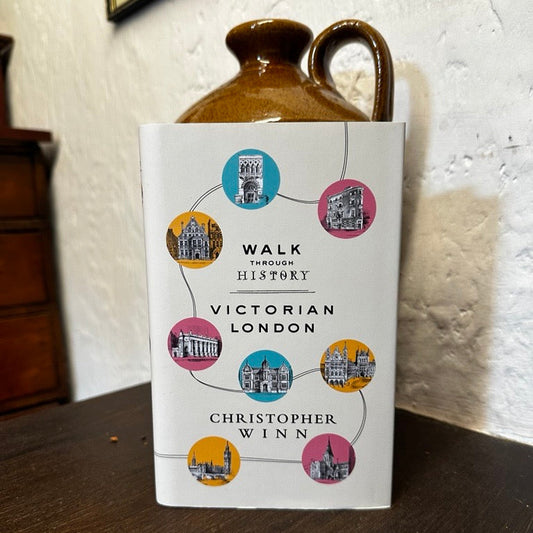 Book titled 'Walk Through History: Victorian London' by Christopher Winn with a decorative bottle on a textured surface.