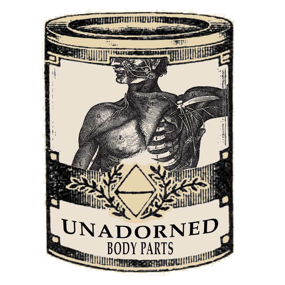 An illustration of a tin whose label has an anatomical drawing of the face and torso and the words unadorned body parts