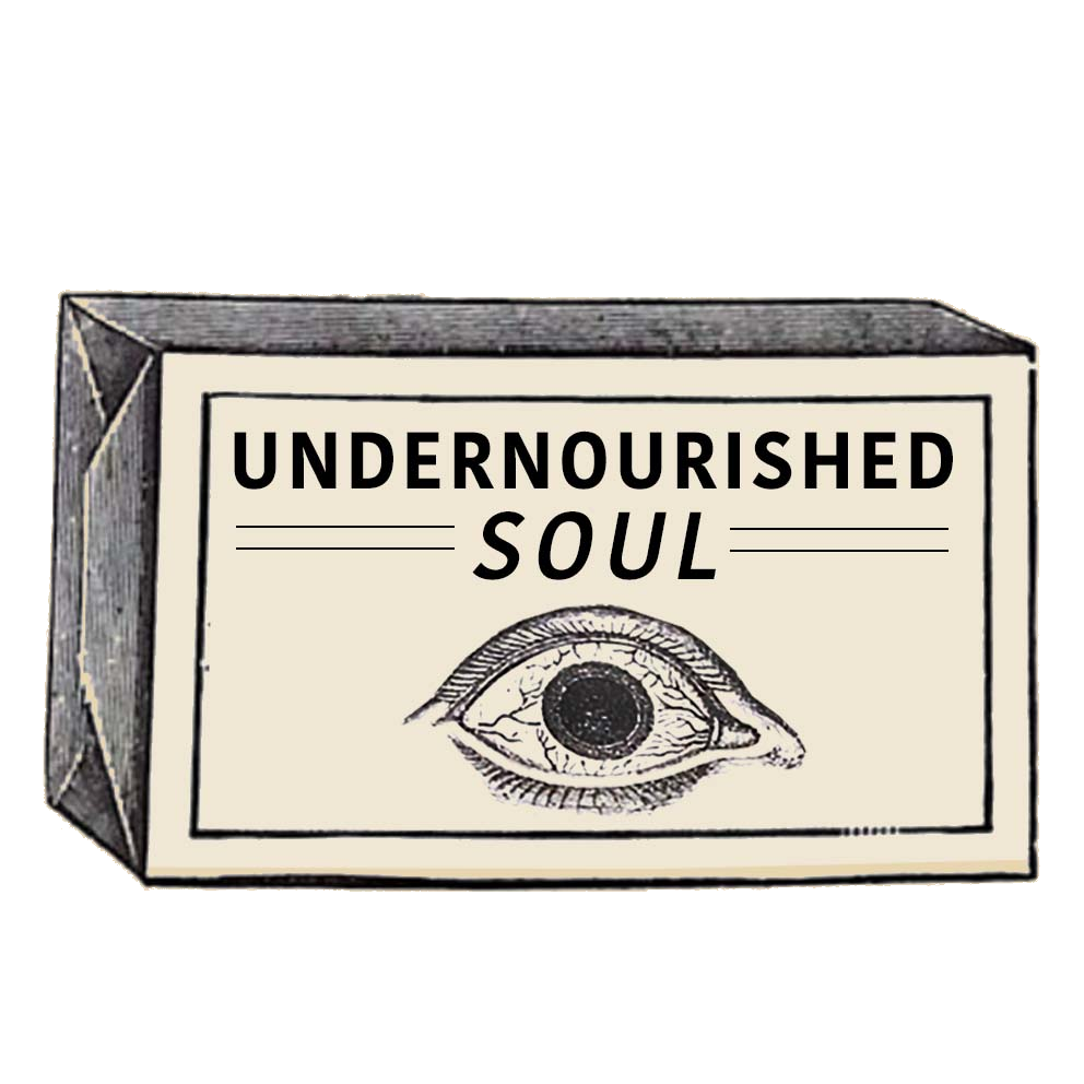 An illustration of a wrapped box with a drawing of an eye and the words undernourished soul