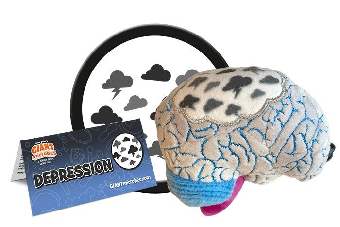 Plush toy in the shape of a brain, with cloud and its label