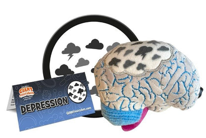 Plush toy in the shape of a brain, with cloud and its label