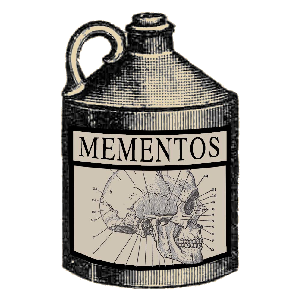 An illustration of an old jug bottle whose label has a diagram of a skull and the word mementos
