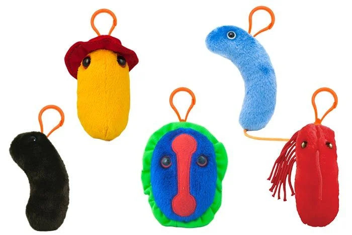 Five plush toys, each with an orange clip: one yellow with a red top; one long and blue; one black; one red with what looks like hair; and one with a green outer edge and blue inner circle with a central red line