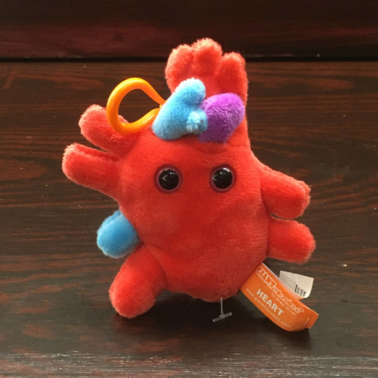 Red plush in the shape of an anatomical heart, with a keyring attachment